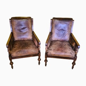 Antique English Armchairs in Leather, Set of 2