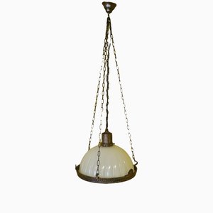 Antique Hanging Lamp in Bronze with Glass Shade, 1900s