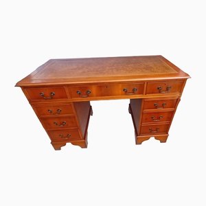 Vintage Yew Wood Twin Pedestal Desk with Leather Top, 1980s