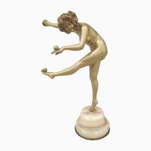 Art Deco Gold Finished Bronze Nude Juggler by Claire Colinet, 1925