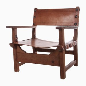 Vintage Spanish Chair of Wood and Gognac Leather, 1960s