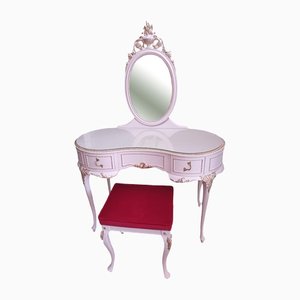 Vintage Louis XV Style French Dressing Table with Mirror and Stool, Set of 3