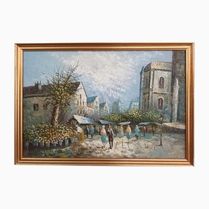 Scena di strada della città di Parigi, olio su tela, con cornice