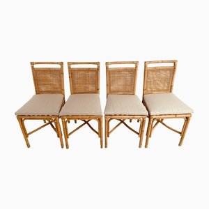 Vintage Rattan Caning and Brass Dining Chairs, Set of 4