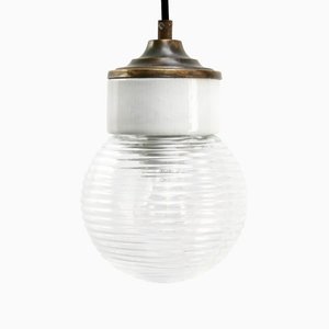 Industrial White Porcelain Ribbed Clear Glass Brass Pendant Lights