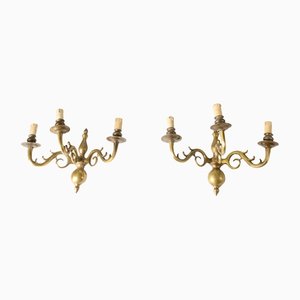 Italian Solid Brass 3-Light Wall Sconces, 1950s, Set of 2