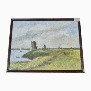 Paesaggio con mulino, anni '50, olio su tela, in cornice