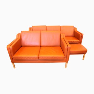 Cognac-Colored Leather Model Eva Sofa with Footstool form Stouby, Set of 3