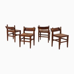 Vintage Wooden Chairs with Straw, Set of 4