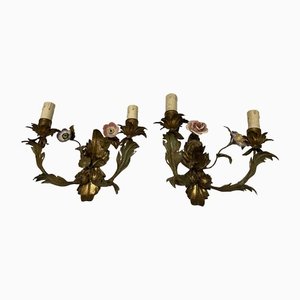 Italian Tole Sconces with Ceramic Summer Flowers, 1960s , Set of 2