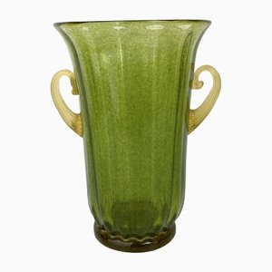 Jarrón vintage de cristal de Murano con flocado verde y amarillo de Maestro Silvano Signoretto