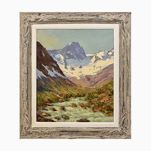 Peinture Paysage de Montagne, 20ème Siècle, Huile sur Toile, Encadrée