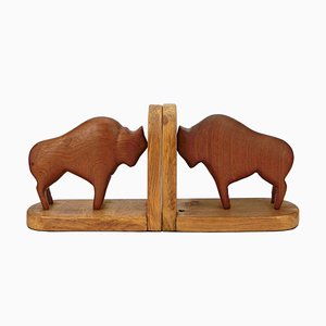 Sujetalibros Buffalo / Bison de teca y roble, años 60. Juego de 2