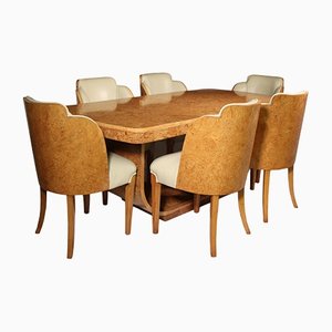 Art Deco Burr Maple Dining Table and Chairs Cloud by Epstein, Set of 7