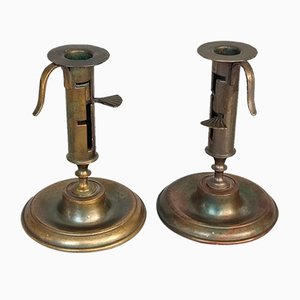 Antique Adjustable Brass Push Up Candleholders, 1800s, Set of 2