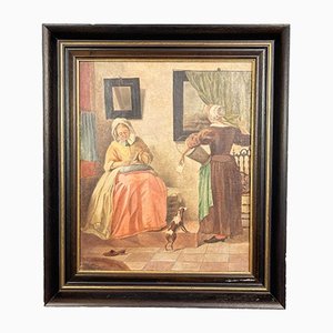 La mujer con una criada, siglo XX, óleo sobre lienzo, enmarcado