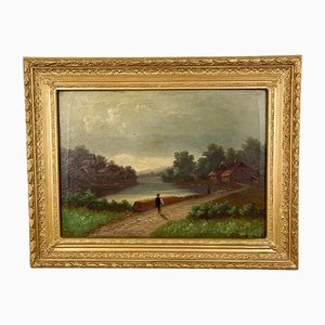 Walk by the Lake, fine XIX secolo, olio su tela, con cornice