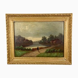 Walk by the Lake, Late 19th-Century, Oil on Canvas, Framed