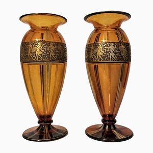 Vasen aus Böhmischem Kristallglas mit Fries aus Gold von Moser, 2er Set