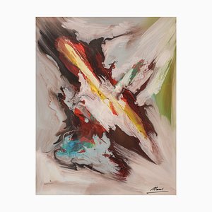 Dessin Abstrait Multicolore, 20ème Siècle, Huile sur Papier, Encadré