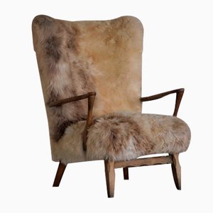 Danish Modern Highback Oak and Lambswool Lounge Chair, 1950s