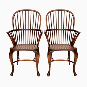 Antique Elm and Oak Windsor Armchairs, Set of 2