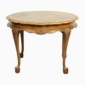 Large Mid-Century Baroque Style Coffee Table with Claw Foot Legs & Burl Wood Scalloped Top
