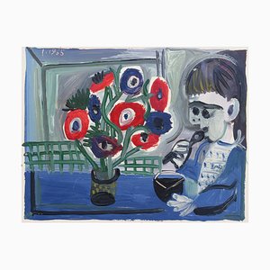 Raymond Debiève, Boy with Anemones, 1965, Oil on Cardstock Paper, Framed