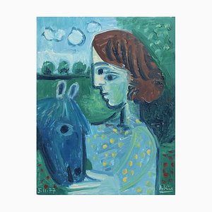 Raymond Debiève, Portrait of Woman Feeding a Pony, 1977, Oil on Cardstock Paper, Framed
