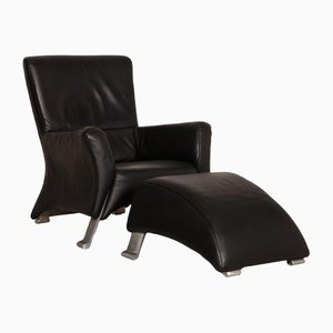 Black Leather 322 Armchair & Pouf from Rolf Benz, Set of 2