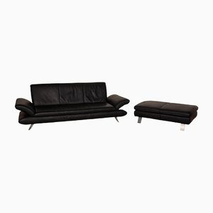 Black Leather Three Seater Rossini Sofa & Pouf from Koinor, Set of 2