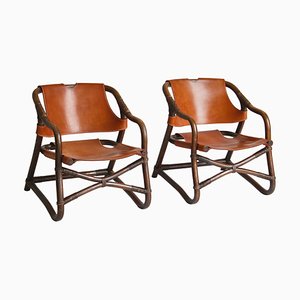 Set of Modern Danish Lounge Chairs Manilla in Stained Bamboo and Saddle Leather, 1960s