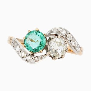 Französischer Smaragd-Diamant-Ring aus Sie und ich, 18 Karat Gelbgold, 19. Jh