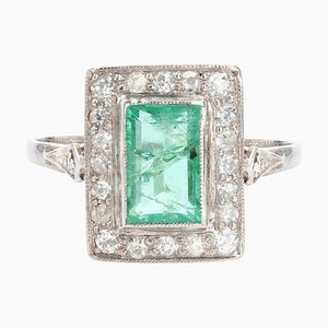 Art Deco Emerald Diamonds Platinum Ring, 1930a