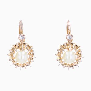 French Pearl & Diamonds with 18 Karat Rose Gold Lever Back Earrings, 1900s, Set of 2