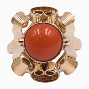 Vintage 14K Yellow Gold with Cabochon Coral Ring, 1950s
