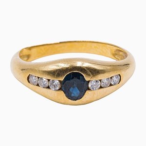 Vintage 18K Yellow Gold with Central Sapphire and Diamonds Ring, 1970s