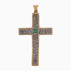 Pendentif Croix Vintage en Or 14K et Argent avec Diamants et Émeraudes, 1960s