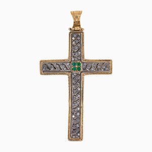 Pendiente de cruz vintage de oro de 14 quilates y plata con rosetones de diamantes y esmeralda, años 60