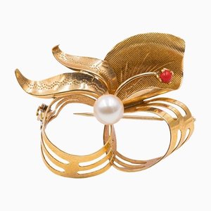 Vintage 18kt Gold with Pearl and Coral Brooch, 1940s