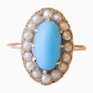 Bague Turquoise et Perlée en Or 18 Carats, 1930s