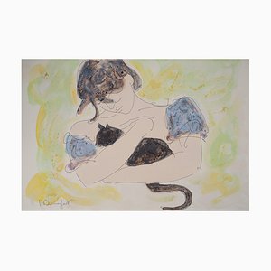 Alain Bonnefoit, Girl with a Cat, 1993, Original Lithograph