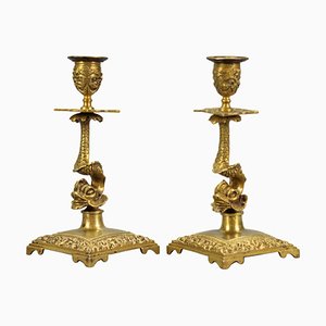French Bronze Candlesticks with Dolphin Figures, Set of 2