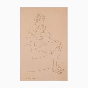 Dama sentada con abanico, 1948, Lápiz sobre papel