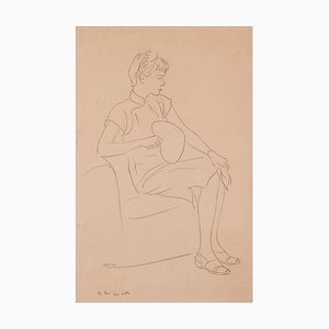 Dame Assise avec Ventilateur, 1948, Crayon sur Papier