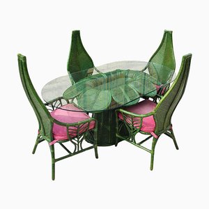 Mesa de comedor y sillas vintage de bambú verde y rosa, años 70. Juego de 5