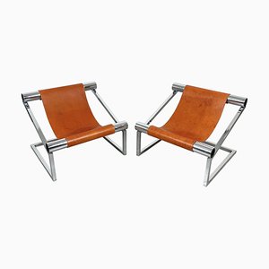 Set of Mid-Century Modern Chrome and Leather Armchairs, Italy, 1970s