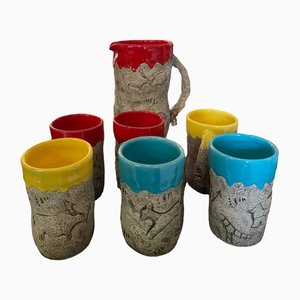 Jarra y vasos de cerámica de Triay, Vallauris. Juego de 7