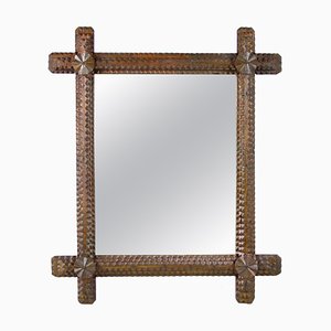 Austrian Hand-Carved Tramp Art Wall Mirror in Wood, 1870