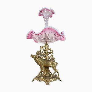 Austrian Art Nouveau Centerpiece with Stag Frilly Glass Bowl, 1900